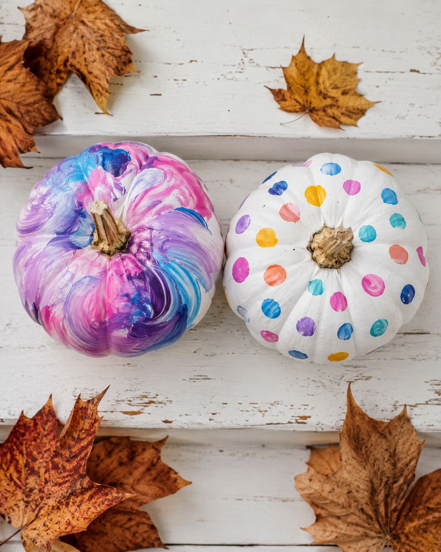 Two small pumpkins on a white wooden surface, one painted with purple, blue, and pink swirls, the other white with colorful polka dots. Brown autumn leaves are scattered around them.