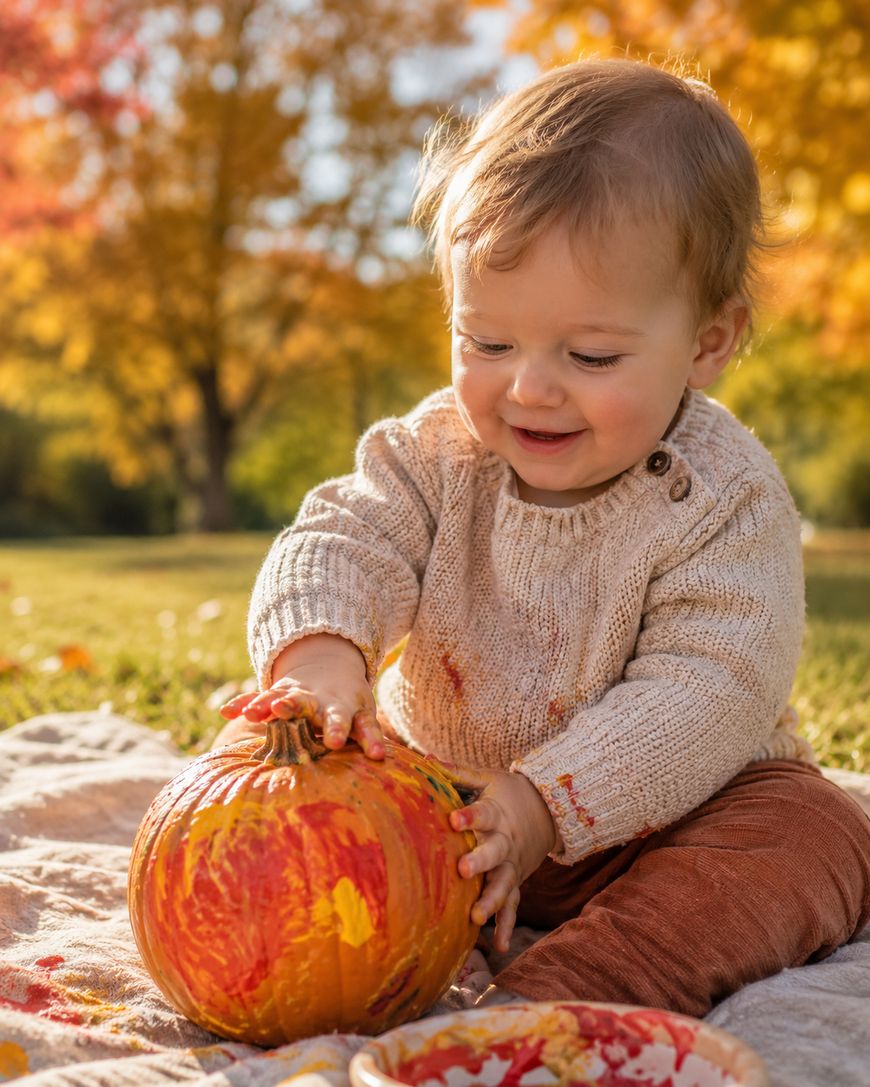 A smiling baby sits on a blanket outdoors, wearing a sweater and pants, touching a pumpkin covered in colorful paint during autumn. Trees with fall foliage are in the background.