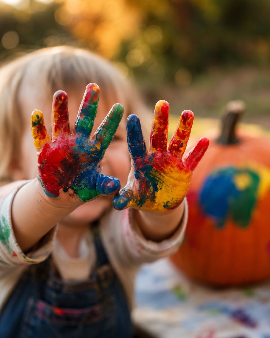 A child with colorful paint on their hands holds them up, showing the palms. A pumpkin with paint spots is in the background.