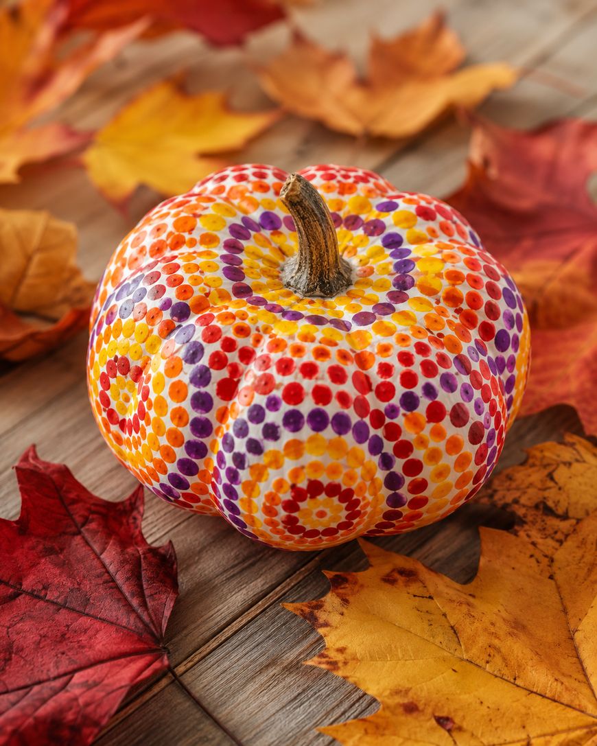 A pumpkin decorated with colorful dot patterns in orange, yellow, red, and purple, surrounded by autumn leaves on a wooden surface.