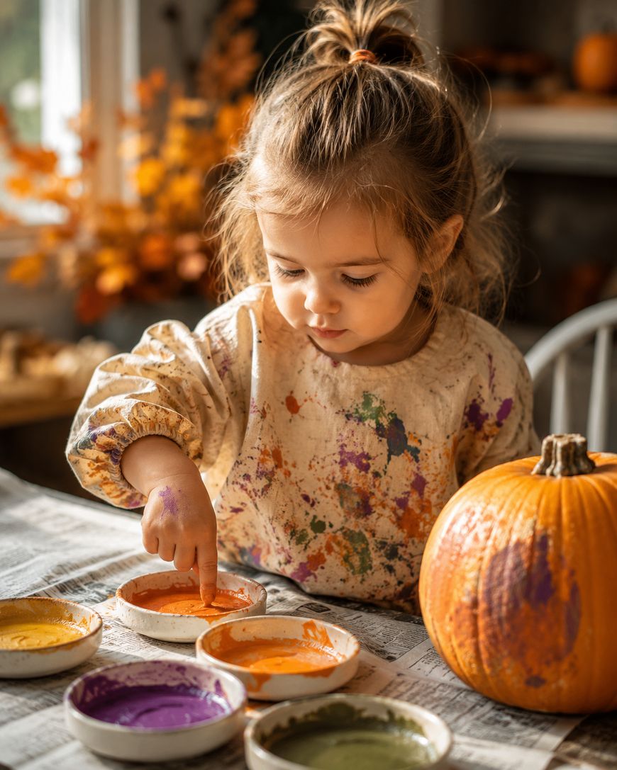A young child with a messy paint-splattered shirt dips a finger into a bowl of orange paint beside a pumpkin, ready to decorate it. Autumn-themed decor is visible in the softly lit background.