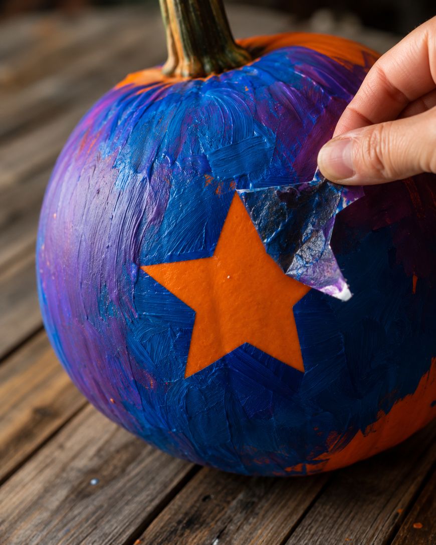 A hand peels off a star-shaped stencil from a pumpkin painted with blue and purple, revealing an orange star shape underneath.