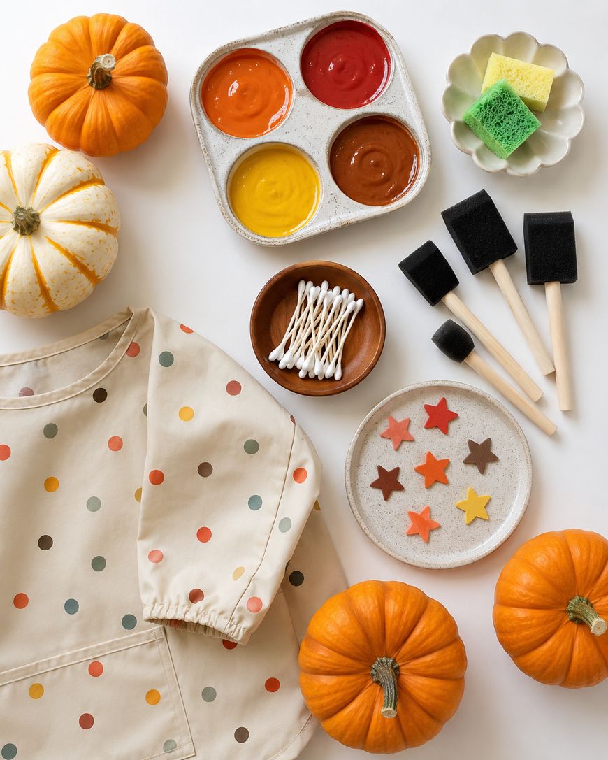 Polka dot smock, pumpkins, paint, sponges, cotton swabs, and foam brushes arranged for a fall-themed craft activity, with star-shaped clay pieces on a plate.