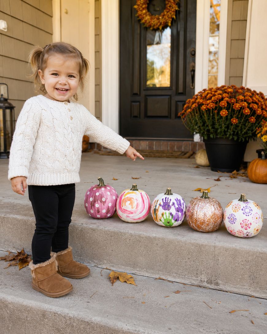 A smiling young girl in a white sweater and boots stands on a porch, pointing at five decorated pumpkins arranged in a row. Orange flowers and a wreath decorate the background.