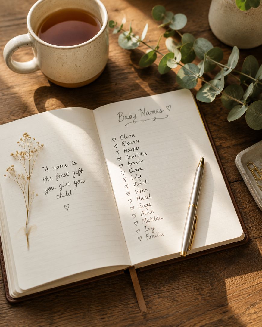 An open notebook on a wooden table lists baby names, with a pen resting on one page. A cup of tea, green leaves, and a small flower decorate the scene. A quote says, A name is the first gift you give your child.
