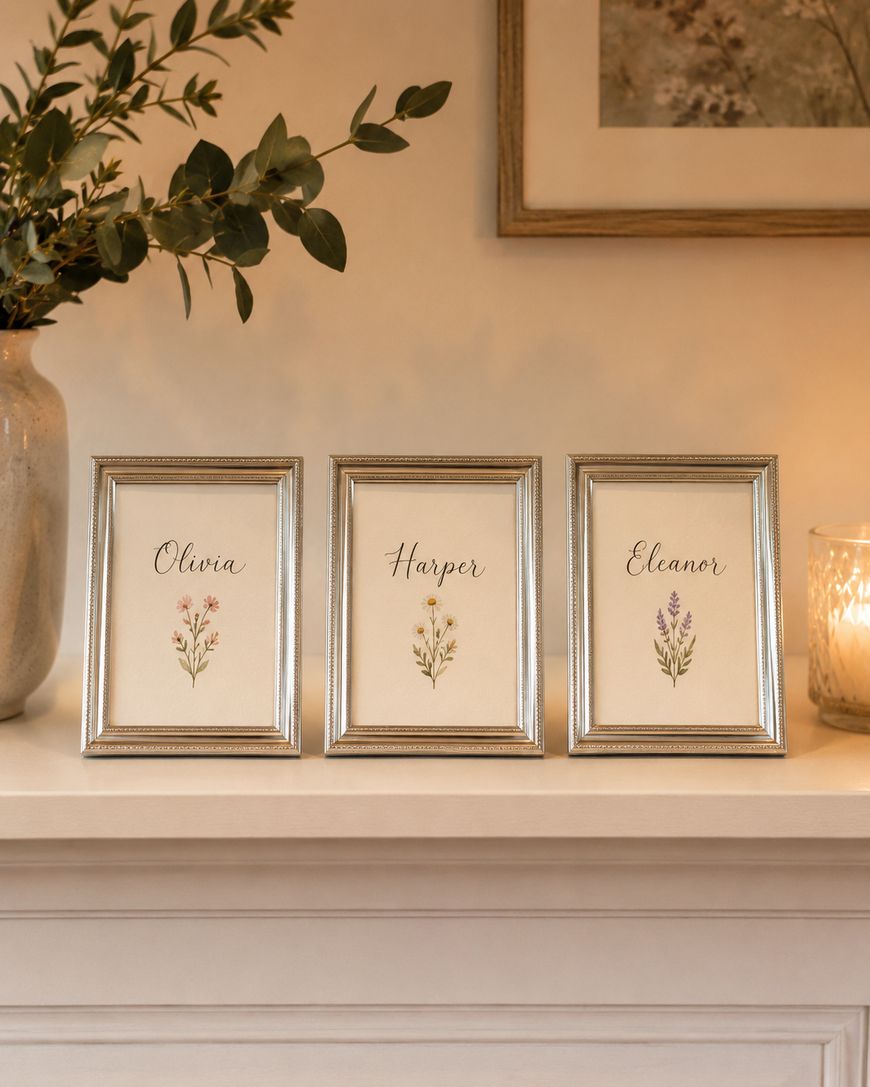 Three framed prints on a white mantel, each with a different name (Olivia, Harper, Eleanor) and a small floral illustration below the name. A vase with greenery and a lit candle are placed nearby.