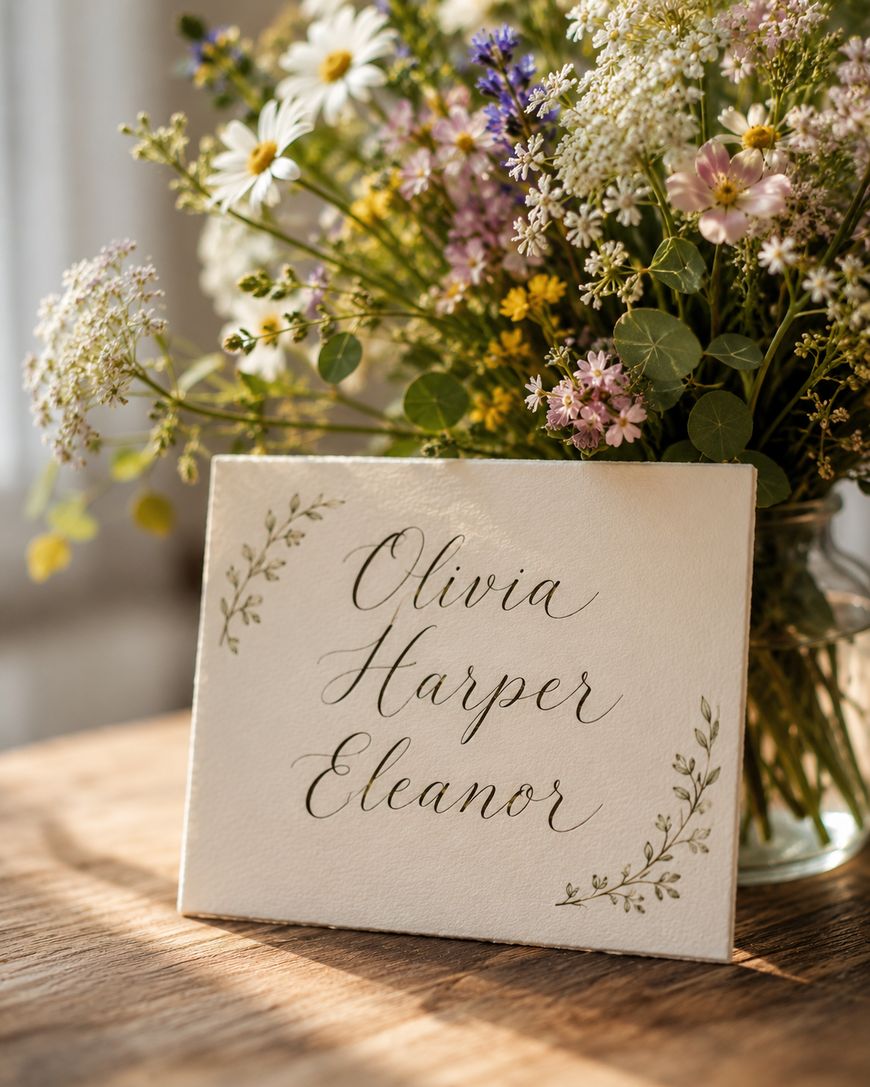 A card with the name Olivia Harper Eleanor in elegant script rests on a wooden table beside a glass vase filled with assorted wildflowers. Sunlight streams in, creating a warm, inviting atmosphere.