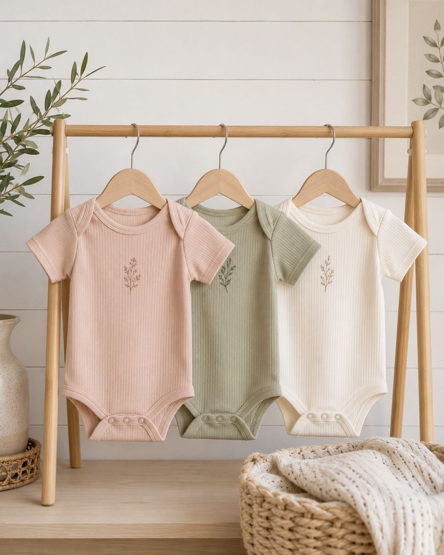 Three short-sleeved baby onesies in pastel pink, green, and cream hang on a wooden rack. Each has a simple embroidered plant design. The scene features neutral, natural decor with a cozy and minimalist style.