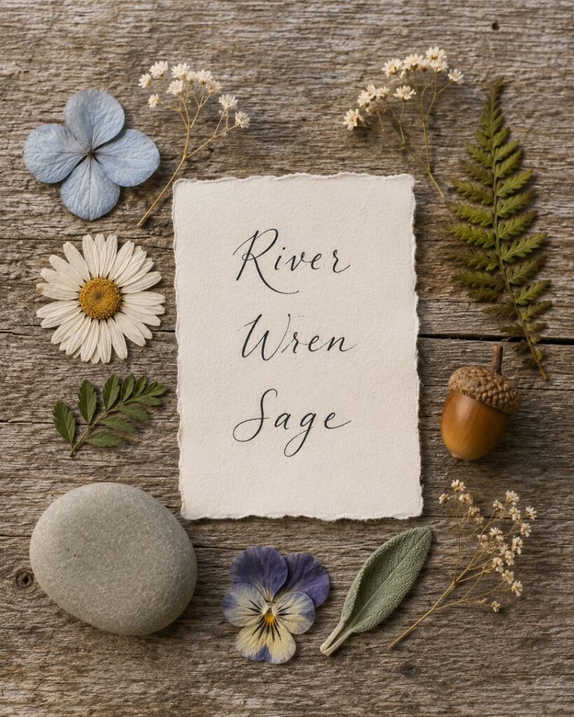 A piece of paper with “River Wren Sage” written in script, surrounded by dried flowers, leaves, an acorn, a smooth gray stone, and a sage leaf, arranged on rustic wooden planks.