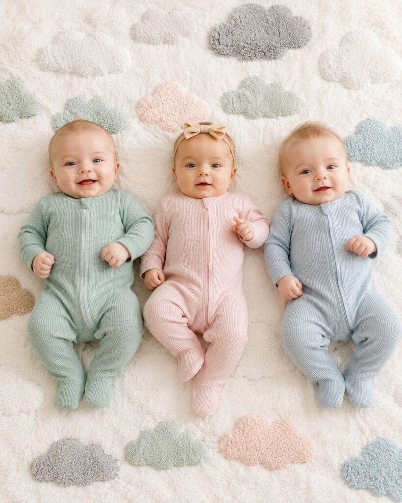 Three babies lying side by side on a soft blanket with cloud patterns. The left baby wears a green onesie, the middle baby wears a pink onesie and headband, and the right baby wears a blue onesie. All are smiling.