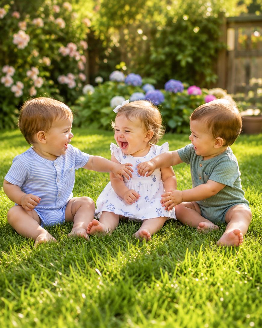 Three babies sit on grass in a sunny garden, laughing and playing together. The baby in the middle wears a white dress with a bow, while the two others wear blue and green outfits. Flowers and greenery are in the background.
