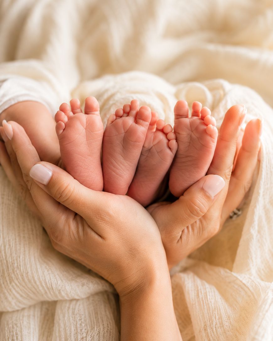 Adult hands gently cradle the tiny feet of a baby, with soft beige fabric in the background, creating a warm and tender scene symbolizing care and protection.