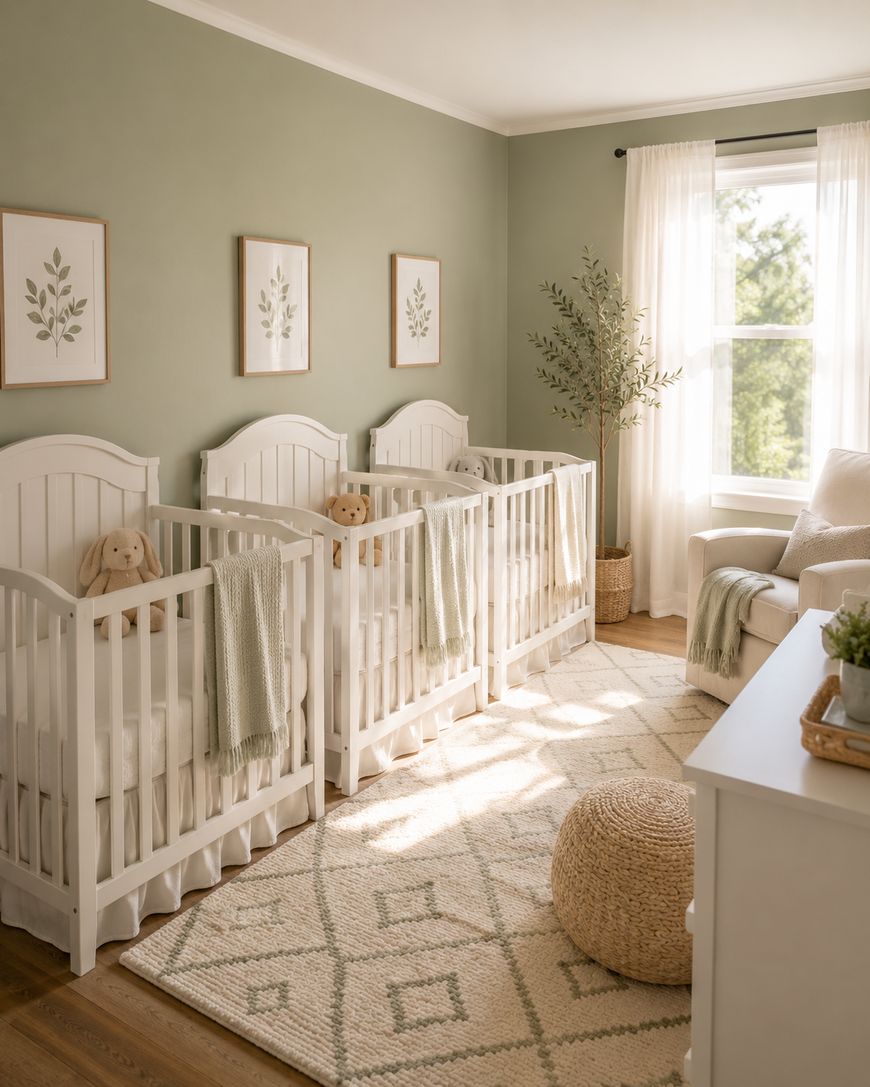 A bright nursery with three white cribs, each with a stuffed animal and blanket, light green walls with botanical art, a soft patterned rug, a pouf, a rocking chair, and sheer curtains letting in sunlight.