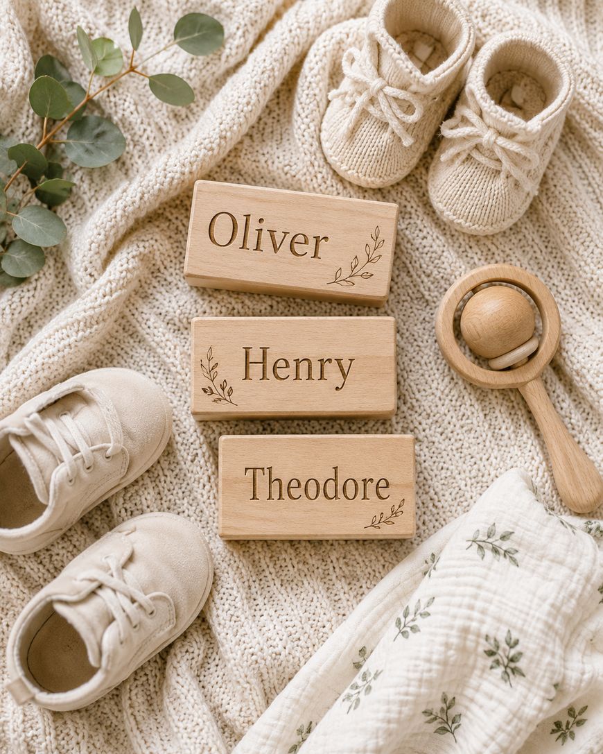 Soft beige baby shoes, a wooden rattle, leafy branches, and three wooden blocks engraved with the names Oliver, Henry, and Theodore rest on a knitted blanket with a floral cloth in the corner.