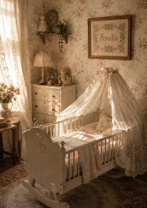 A vintage nursery with floral wallpaper, a lace-draped white cradle, a dresser with stuffed animals, and a framed name Amelia on the wall. Sunlight streams through a lace-curtained window.