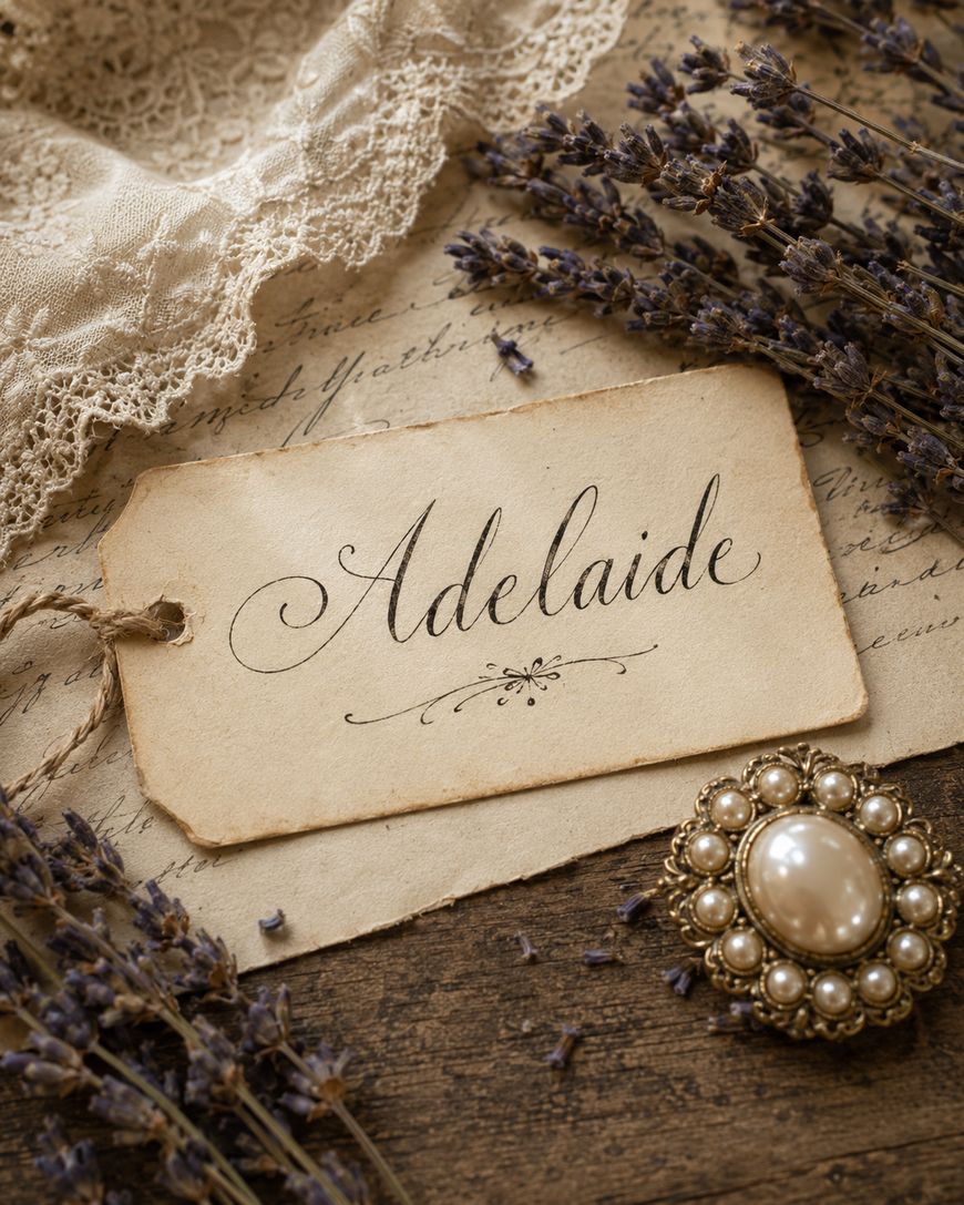 A vintage name tag reading Adelaide is surrounded by dried lavender, lace, an ornate pearl brooch, and handwritten letters on a rustic wooden surface.
