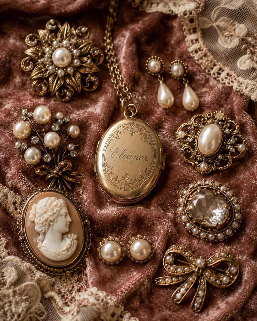 A collection of vintage jewelry, including pearl brooches, earrings, a cameo, and a gold locket engraved with Eleanor, arranged on pink velvet fabric with lace trim.
