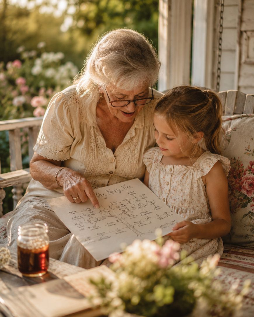 An elderly woman and a young girl sit together on a porch, looking at a family tree chart. Sunlight filters in, flowers bloom nearby, and a drink sits on the table beside them.