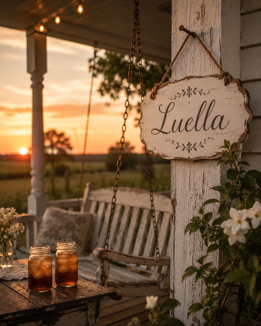 A rustic porch at sunset, with a wooden swing, two mason jars of iced tea on a table, and a sign reading Luella hanging on a post. Flowers and string lights add a cozy, inviting atmosphere.