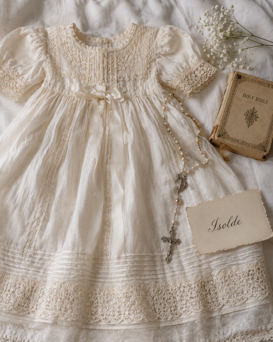 Vintage ivory christening gown with lace details is laid out with a Holy Bible, a rosary, babys breath flowers, and a card labeled Isolde on a white cloth background.