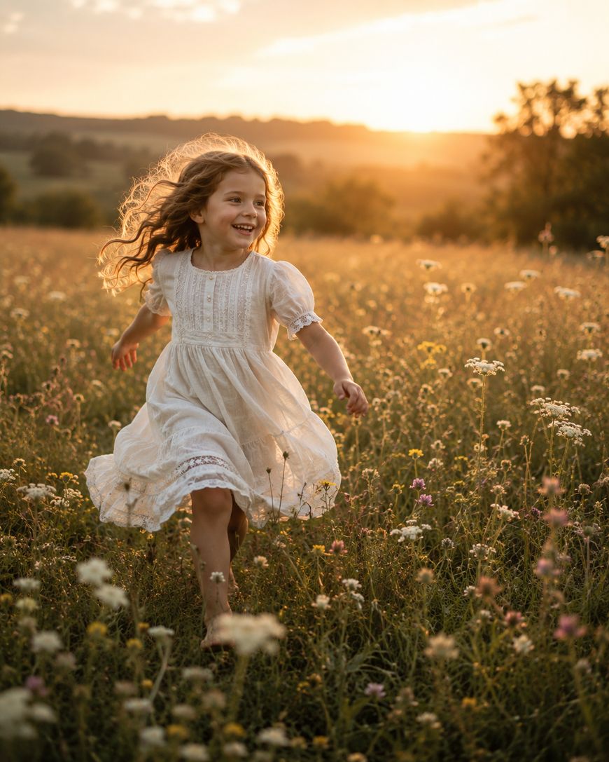 A young girl in a white dress runs joyfully through a sunlit wildflower field at sunset, her curly hair flowing behind her.