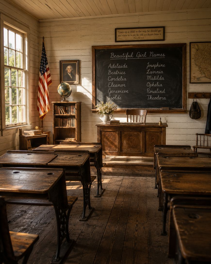 Sunlit vintage classroom with wooden desks, an American flag, a chalkboard listing girl names, shelves of books, and a portrait of a man on the wall. Flowers sit on the teachers desk by the chalkboard.
