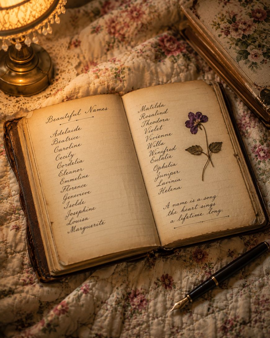 An open vintage notebook on a quilt, listing beautiful names in cursive. A pressed purple flower lies on one page beside a quote. A pen, a lamp, and a floral book are nearby, creating a warm, nostalgic scene.