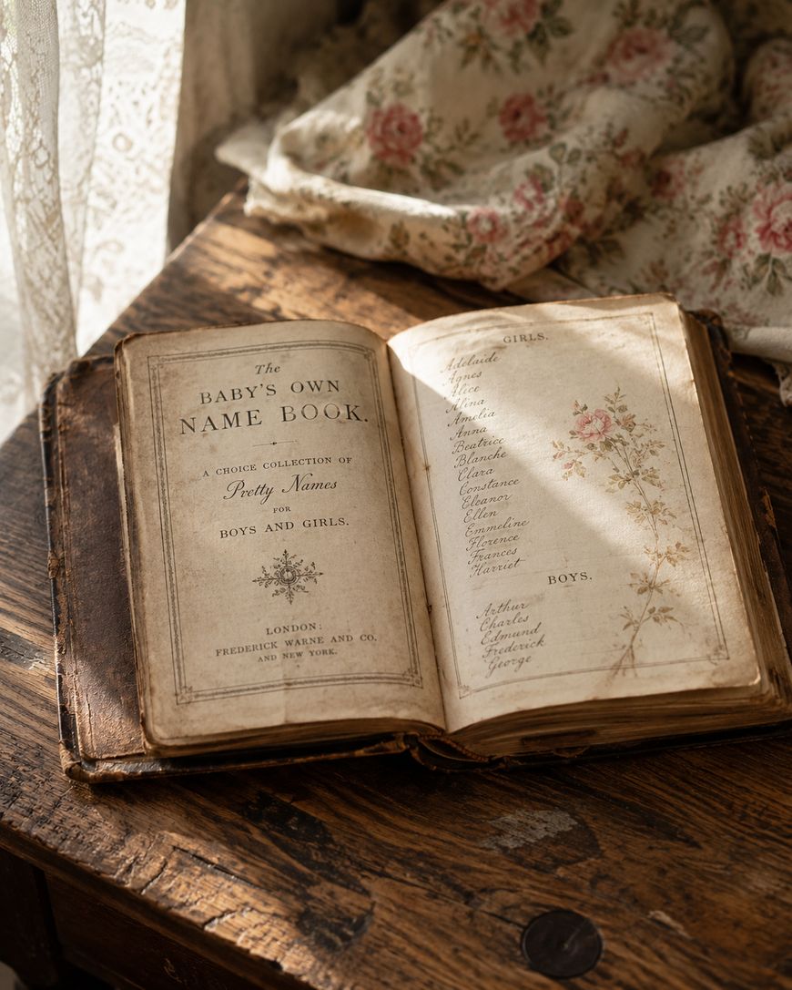 An old, open baby name book lies on a rustic wooden table beside a floral cloth and coin, sunlight streaming through lace curtains, highlighting aged pages with handwritten names for girls and boys.