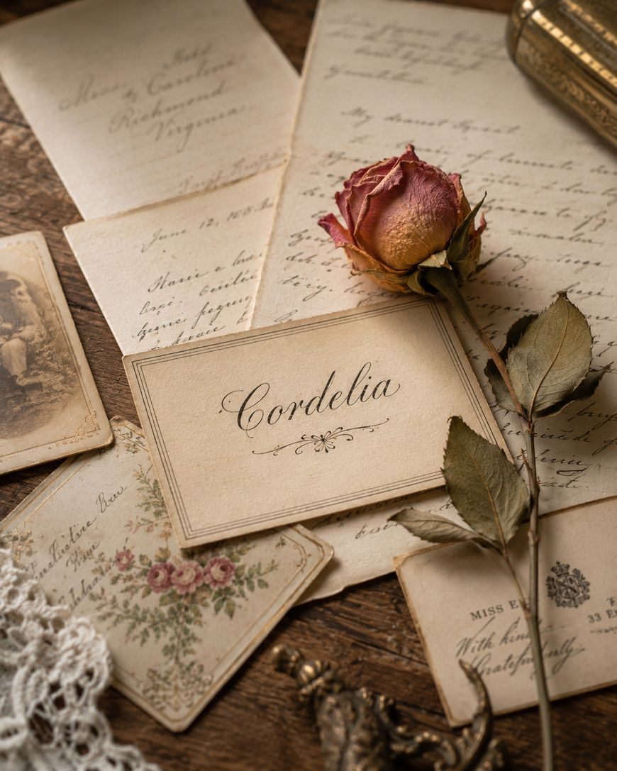 A dried rose rests on vintage letters and postcards, with a card reading Cordelia in elegant script at the center. Antique lace and handwritten notes are scattered around, evoking a nostalgic, romantic atmosphere.