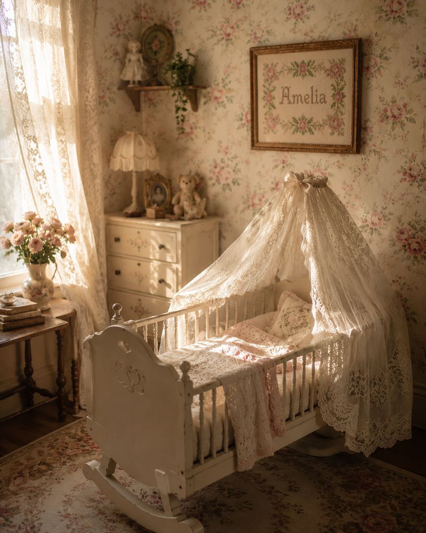 A vintage-style nursery with a white cradle draped in lace, floral wallpaper, a dresser with a lamp and teddy bears, and a framed “Amelia” sign on the wall. Sunlight streams through a lace-curtained window.
