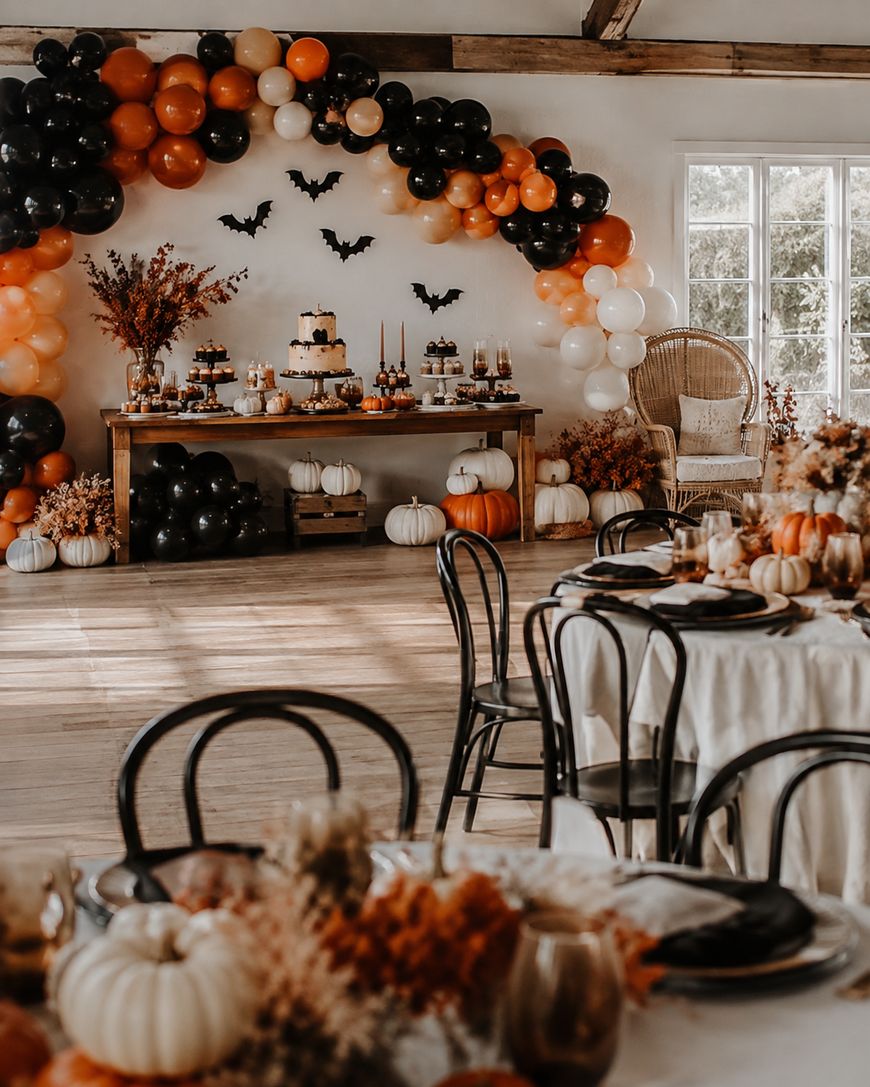 Elegant Halloween party setup with orange, black, and white balloons, bat decorations, pumpkins, desserts on a table, and round dining tables with autumn-themed centerpieces in a bright, rustic room.