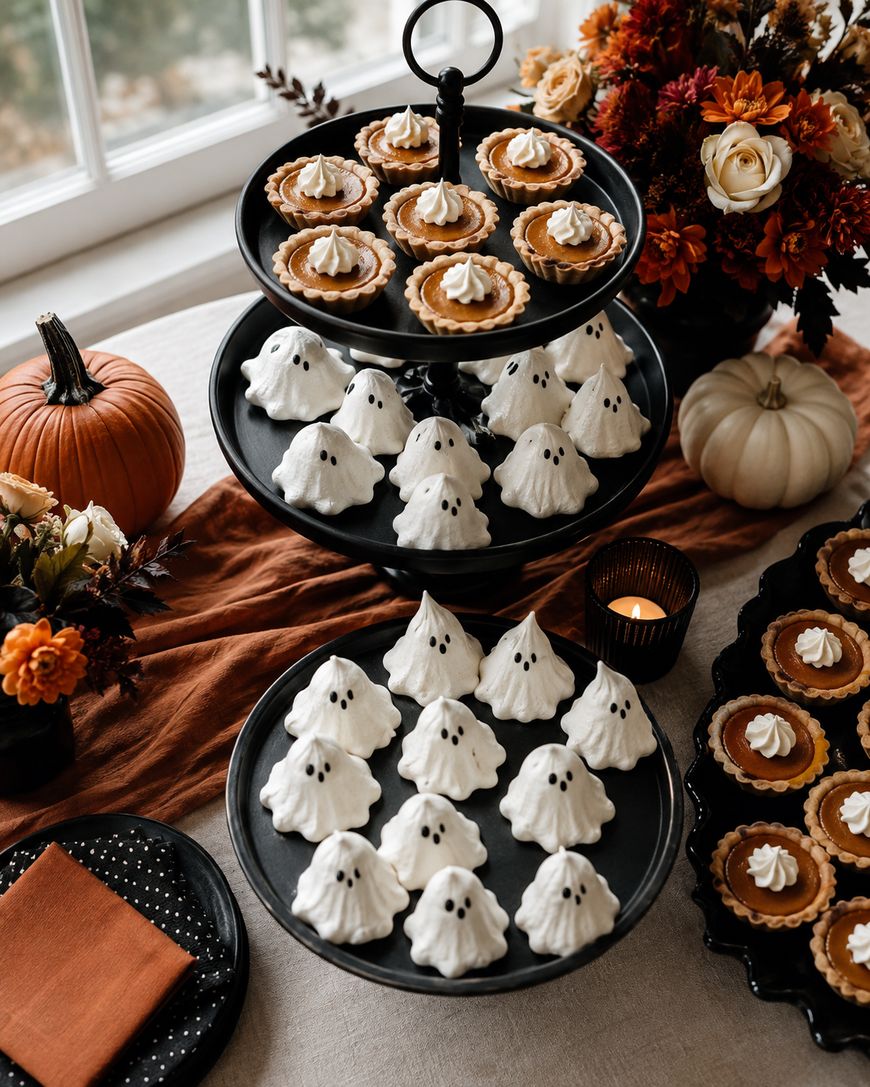 Three-tiered tray with ghost-shaped meringue cookies and mini pumpkin pies. Autumn flowers, pumpkins, and a candle decorate the festive Halloween table setting by a window.