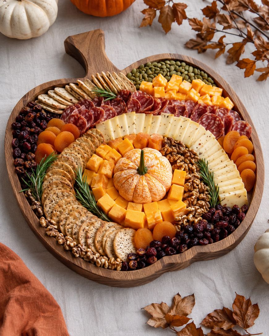 Pumpkin-shaped wooden tray filled with crackers, cheese cubes, salami, nuts, dried fruit, and a small peeled orange resembling a pumpkin in the center, surrounded by autumn leaves on a white cloth.