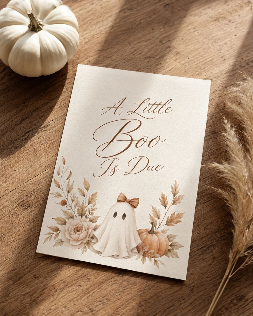A card on a wooden table reads A Little Boo Is Due with a ghost wearing a bow, flowers, and pumpkins. Pampas grass and a white pumpkin are nearby.