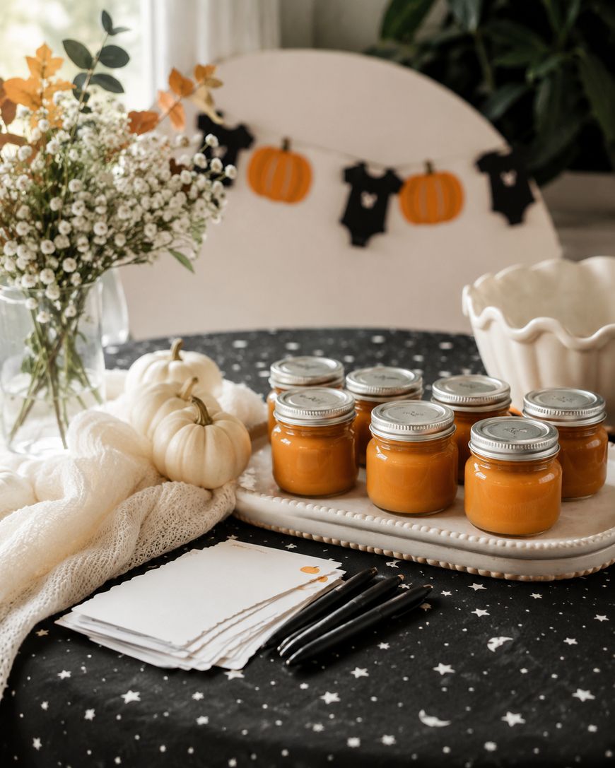 A table with six jars of orange puree, pens, and cards, set on a star-patterned cloth. White pumpkins, a vase of flowers, and a pumpkin and onesie garland decorate the background.