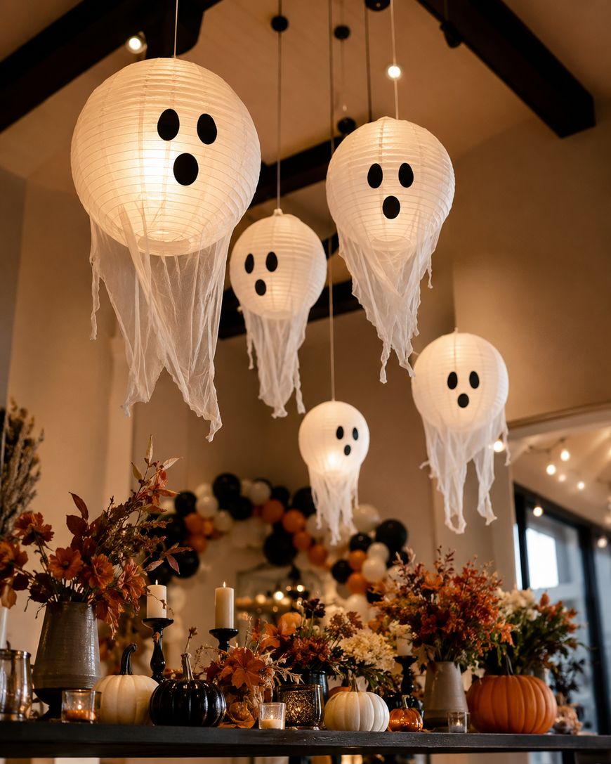 Paper lanterns decorated as ghosts hang from the ceiling above a table with autumn flowers, candles, pumpkins, and a balloon arch in the background, creating a festive Halloween atmosphere.