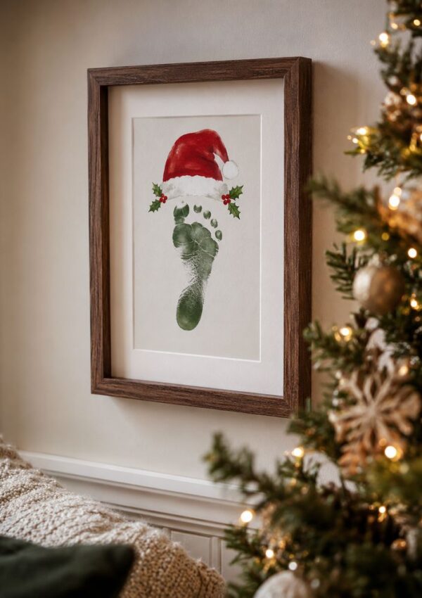 Framed artwork of a green footprint decorated with a red Santa hat and holly, hanging on a beige wall beside a lit Christmas tree.