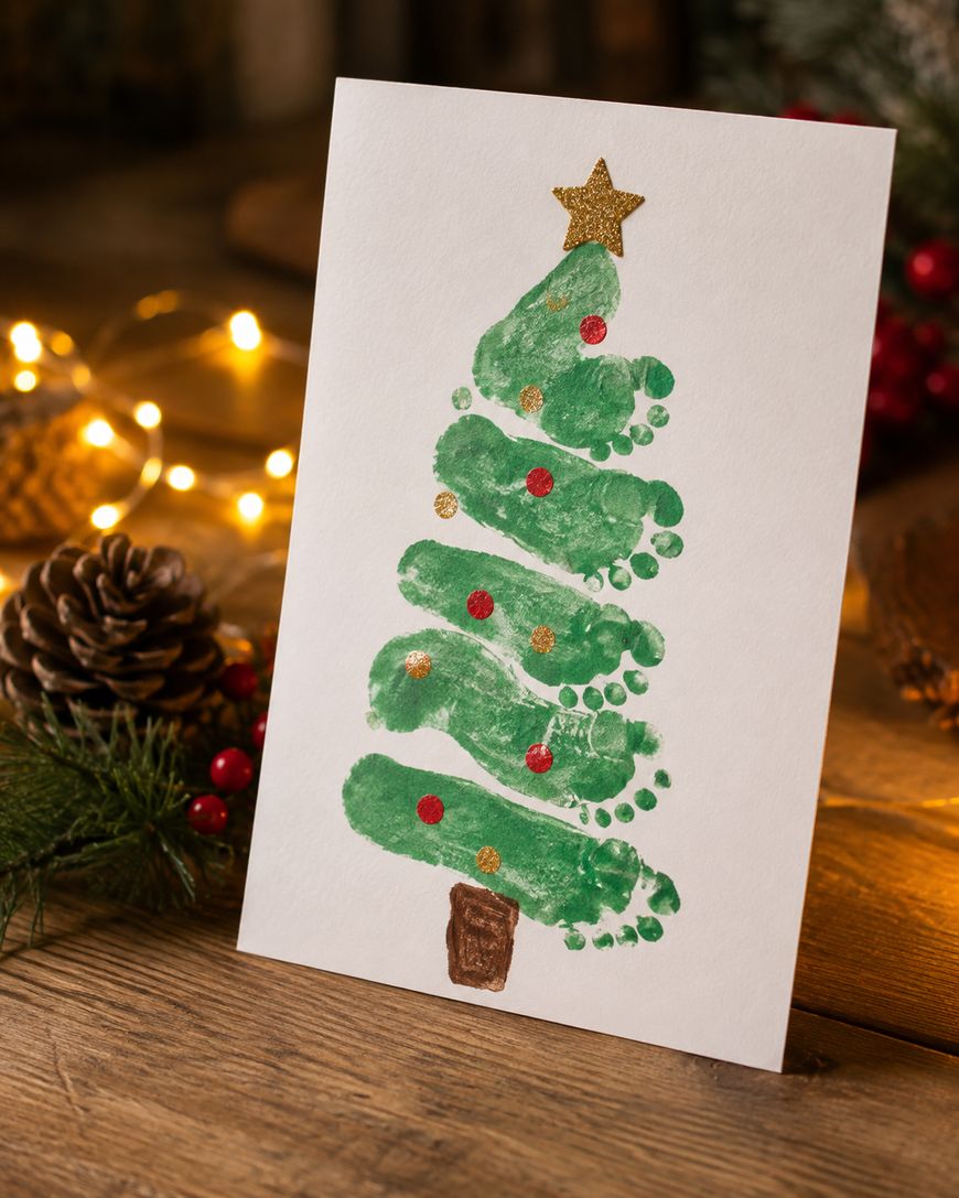 A handmade Christmas card featuring a Christmas tree created with green painted footprints, decorated with red and gold dots, a gold star on top, and a brown trunk, set on a wooden table with festive decor.