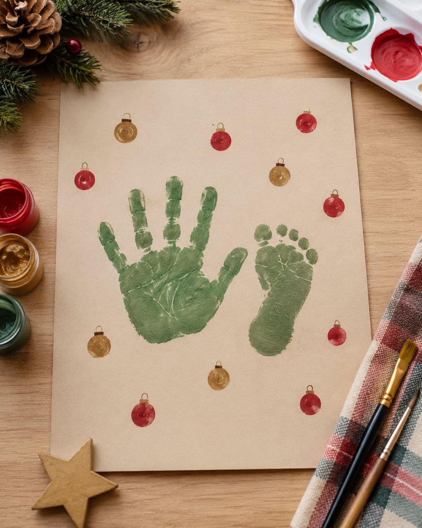 A festive artwork features a green painted handprint and footprint on paper, surrounded by red and gold ornament stamps, with paint supplies and holiday decorations nearby.