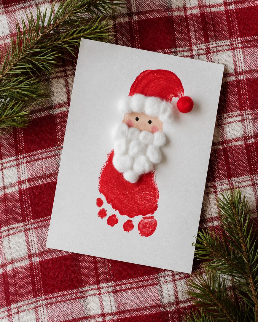 A childs footprint craft painted as Santa Claus, with cotton balls for the beard and hat trim, placed on a white paper atop a red plaid cloth, surrounded by pine branches.