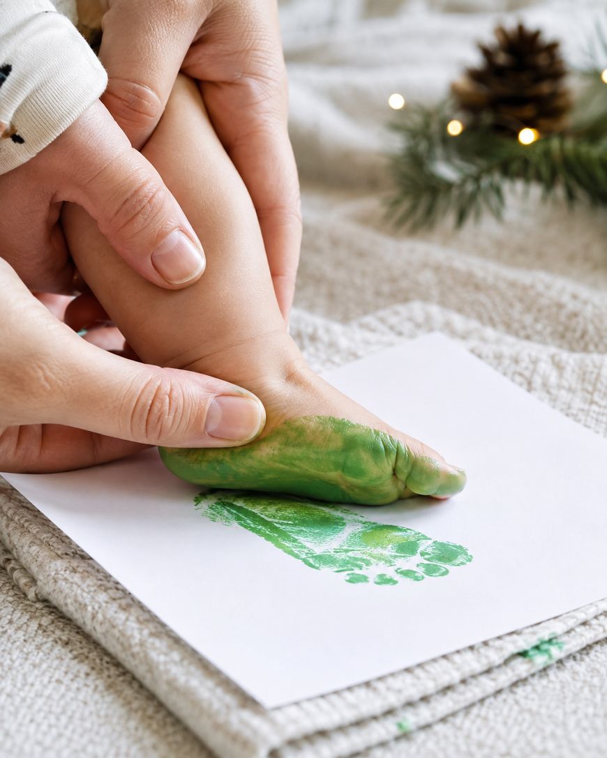 An adult presses a babys green-painted foot onto white paper, creating a footprint. Pine branches, a pine cone, and lights are visible in the background.
