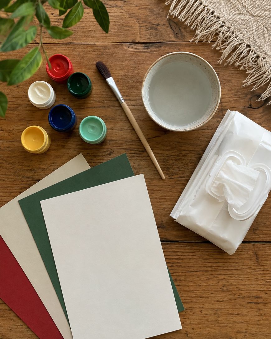 Art supplies on a wooden table: sheets of red, green, beige, and white paper, small paint pots, a paintbrush, a bowl of water, a pack of wet wipes, and a plant partially visible in the corner.