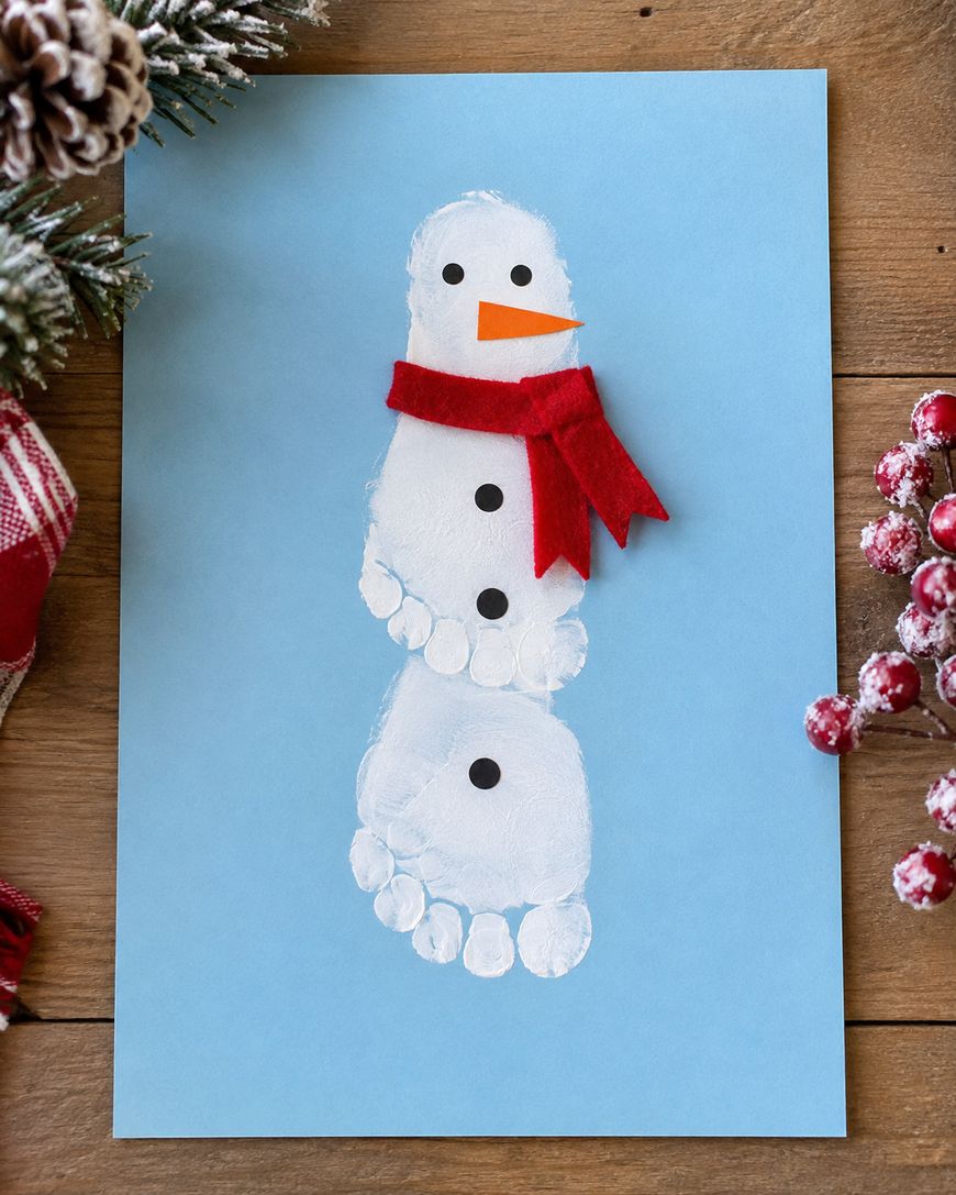 A snowman made from white painted footprints on blue paper, decorated with black buttons, a red scarf, and orange paper nose. Pine branches and red berries surround the artwork.
