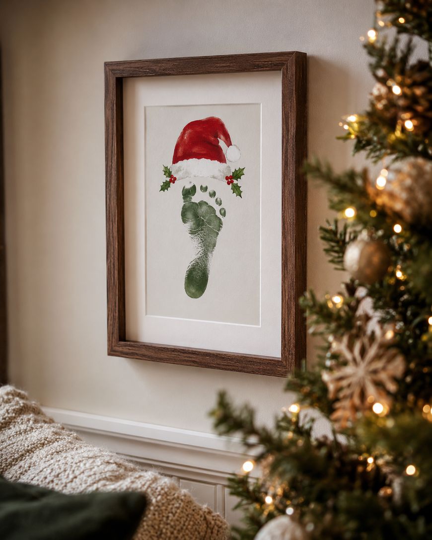 A framed artwork of a green footprint with a painted red Santa hat and holly hangs on a wall next to a decorated Christmas tree.