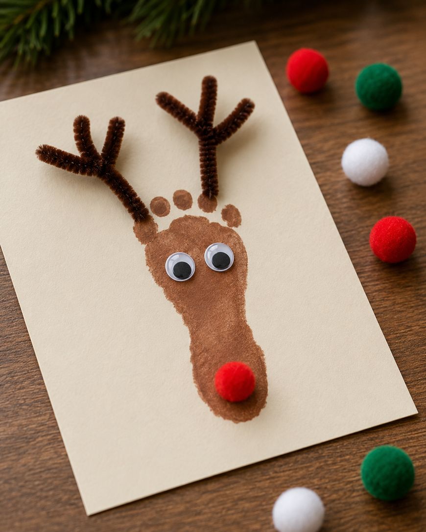 A handmade reindeer craft made from a brown painted footprint, googly eyes, a red pom-pom nose, and brown pipe cleaner antlers on paper, with colored pom-poms around it.