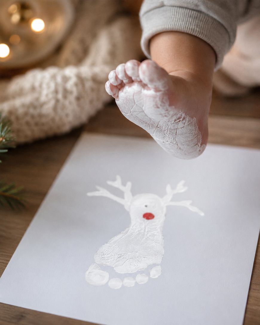 A babys foot covered in white paint is held above paper, leaving a footprint resembling a reindeer with antlers and a red nose, next to cozy holiday decor.