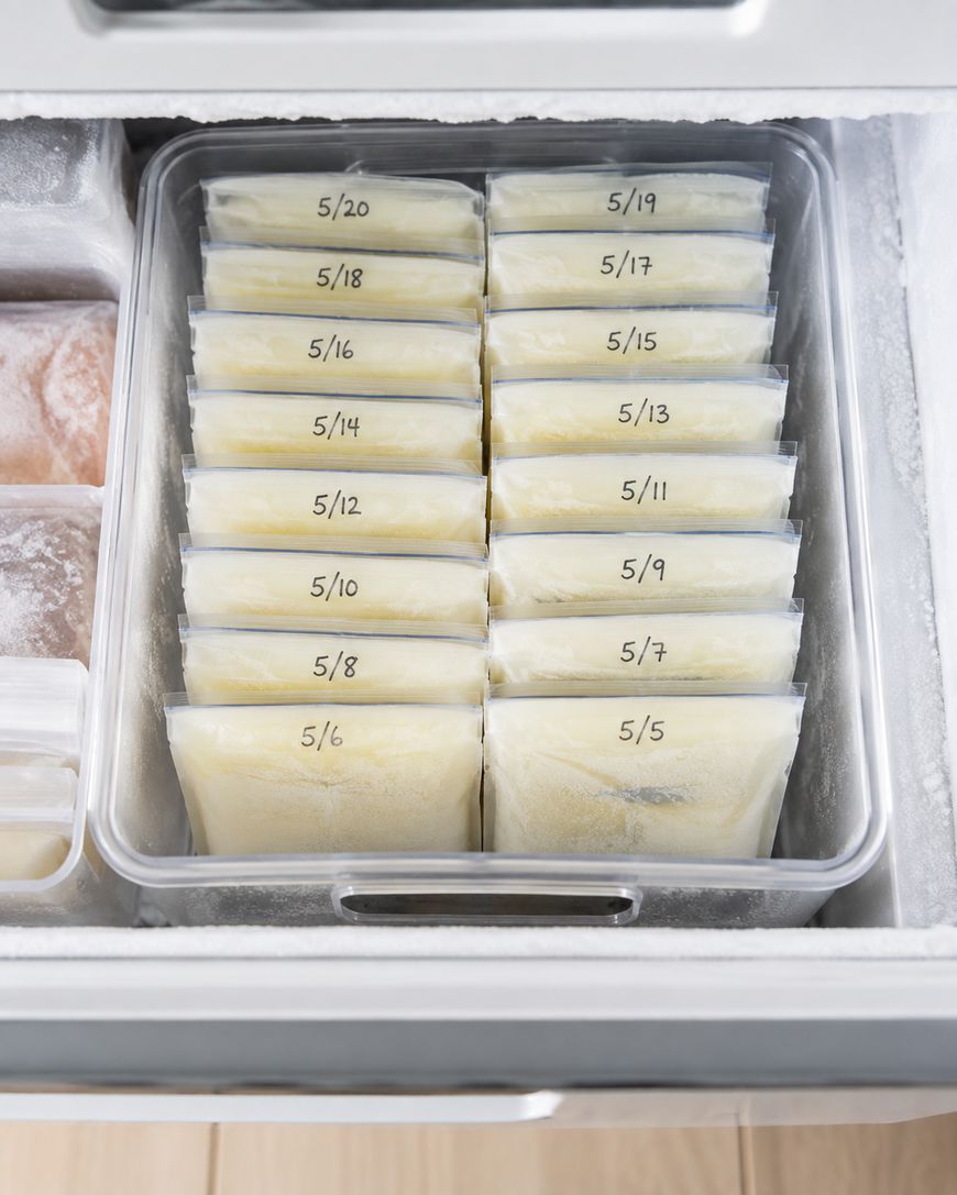 A drawer freezer with labeled bags of breast milk arranged in rows by date from 5/5 to 5/20. The bags are neatly organized in a plastic container.