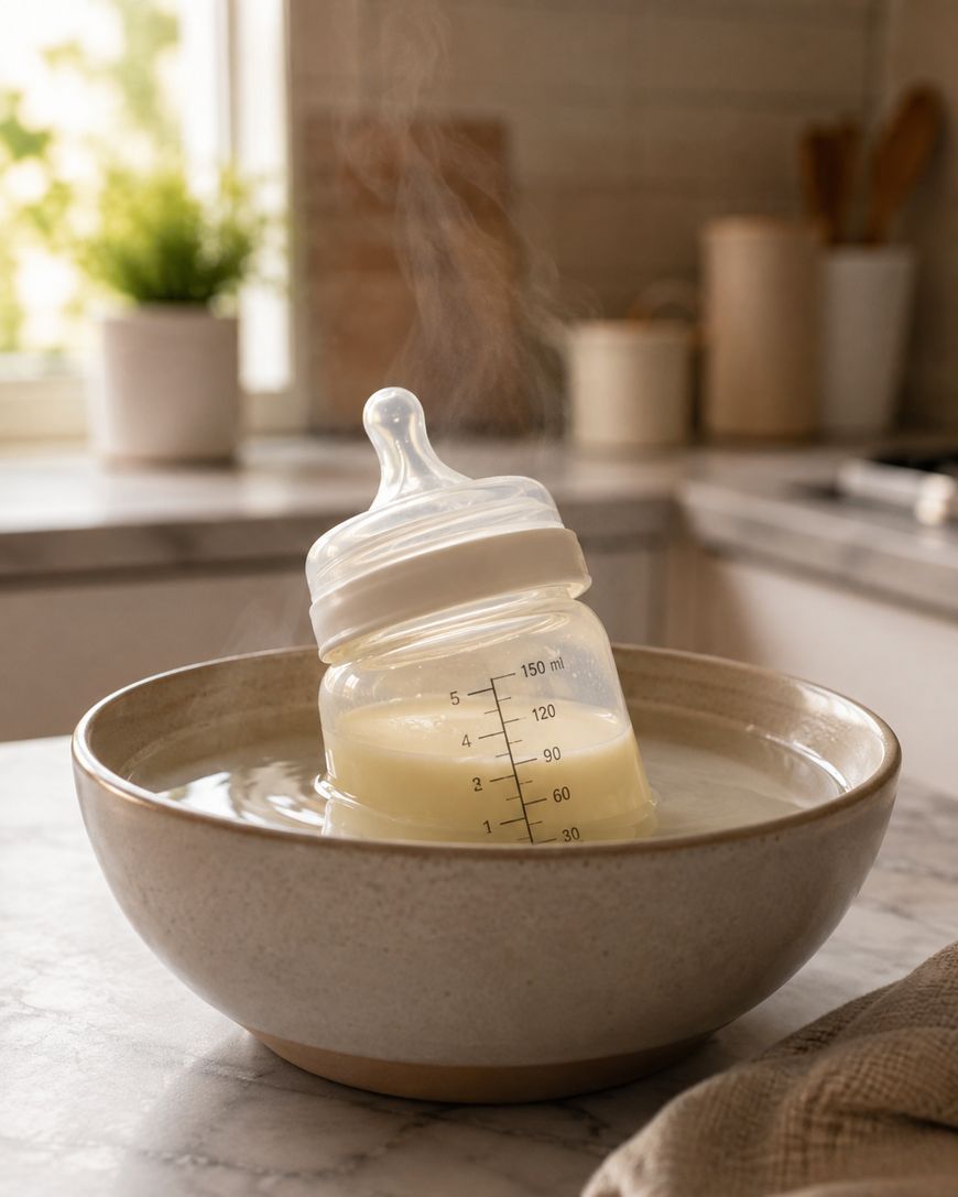 A baby bottle filled with milk sits in a bowl of hot water on a kitchen counter, with steam rising, indicating the milk is being warmed.