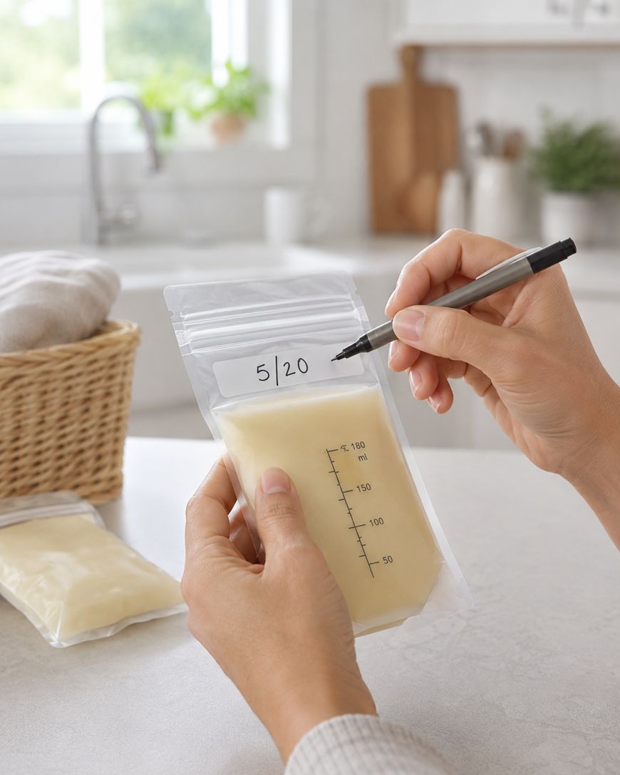 A person writes a date on a labeled breast milk storage bag in a bright kitchen, with another filled bag and a wicker basket in the background.