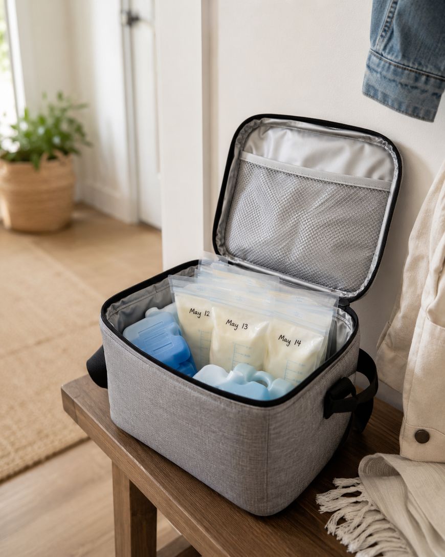 A grey cooler bag sits open on a wooden bench, filled with labeled breast milk storage bags and ice packs. A plant and coat hang on the wall in the softly lit background.